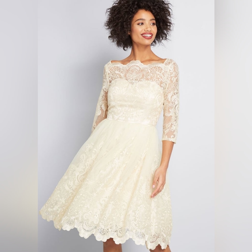 Modcloth | Lace Metallic Dress | Gold, Cream